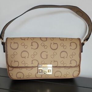 GUESS Y2K Logo Baguette Bag Brown Monogram Shoulder Purse Gold Hardware